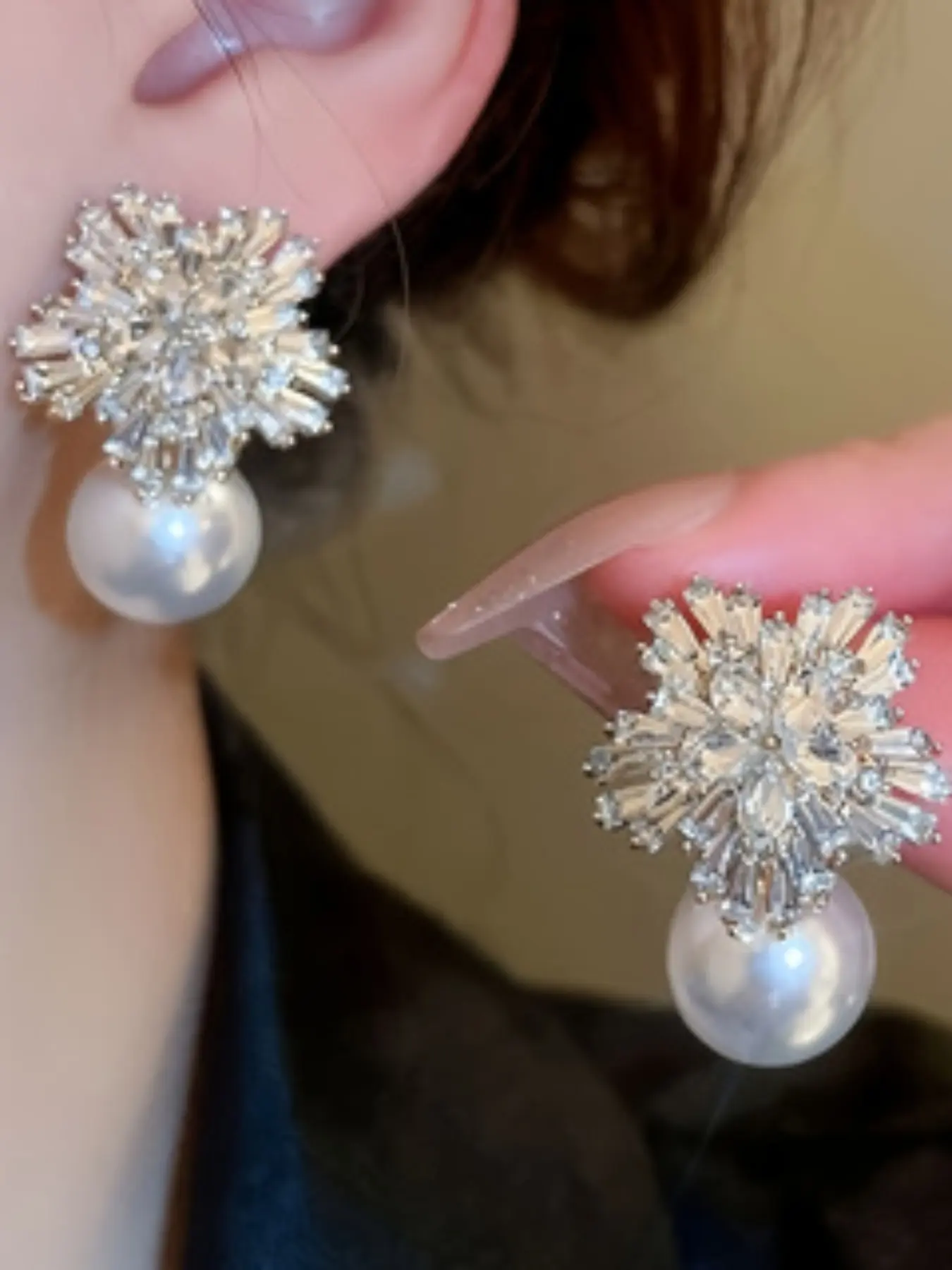 Silver Color Artificial Zircon Snowflake Pearl Earrings, Elegant Fashion Jewelry for Daily Wear and Parties, Women's Decorative Accessories