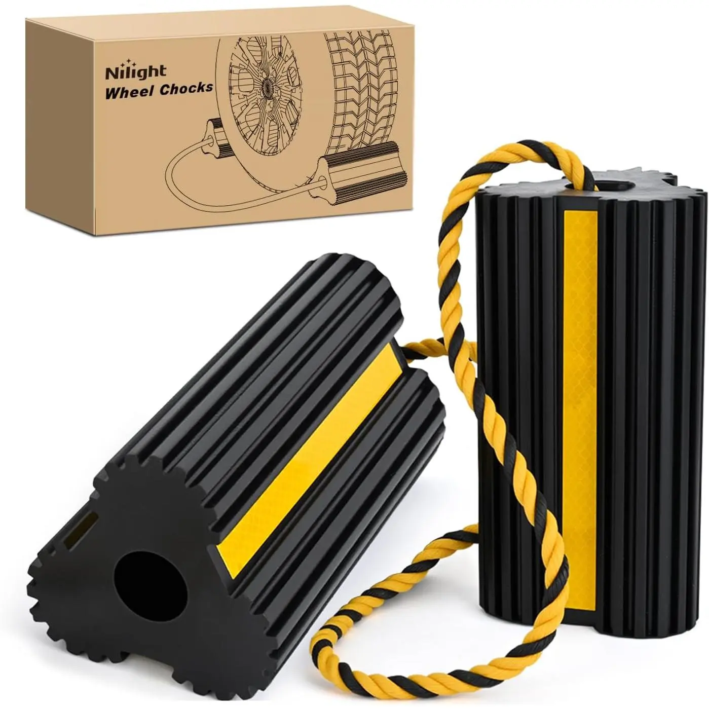 Nilight Heavy-Duty Rubber 2-Pack Chocks with Nylon Rope, Yellow Reflective Strips, Commercial Parking Stabilizer Stopper for Cars, RVs, Warehouses, Schools (Automotive & Motorcycle Auto Parts Accessories)