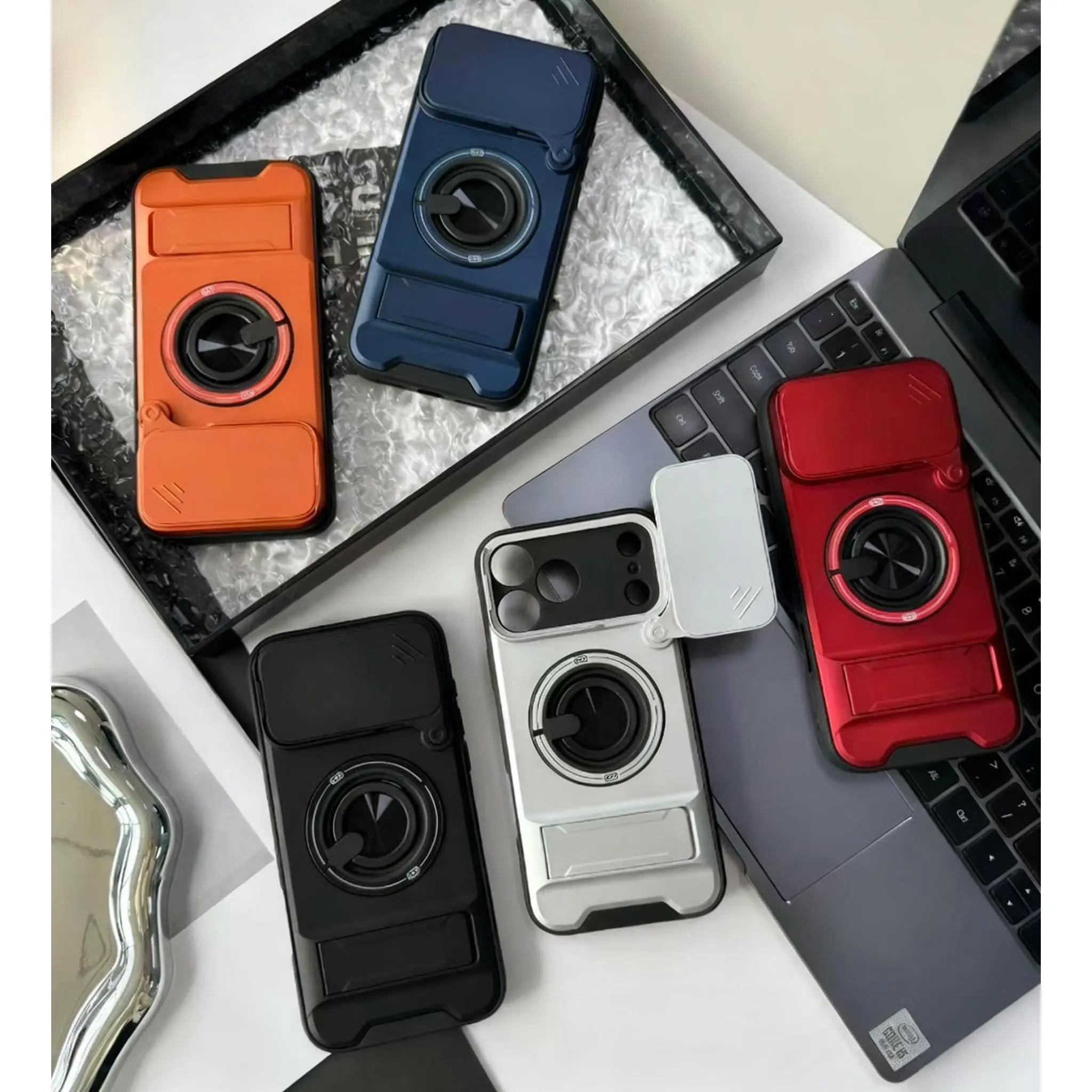 Rugged Shockproof Metal Shell Case with Magnetic Ring Stand for iPhone 11-16, Compatible with Smartphone, Handheld Cellphone Devices