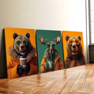 Framed, 3-piece wooden frame grizzly bear drinking coffee print, moose drinking coffee cool painting, creative canvas poster, waterproof canvas wall art, art mural gift, bedroom, office, living room, decoration, home and dormitory decoration