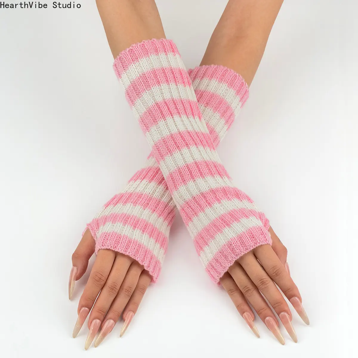 Kawaii Pink White Striped Arm Warmers 1-Pair, Knit Fingerless Gloves for Women, Y2K Gothic Harajuku Long Mitten, Soft Stretchy Elbow Length Wrist Sleeve for Cosplay Daily Wearing