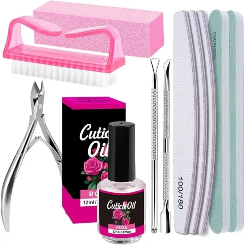 Professional Manicure Tools Kit with 3PCS 100/180 Grit Nail Files 2PCS Nail Buffer 1PCS Pink Buffer Block 1PCS Cuticle Nipper Pusher Peeler Oil Brush for Daily Nail Care Salon Use