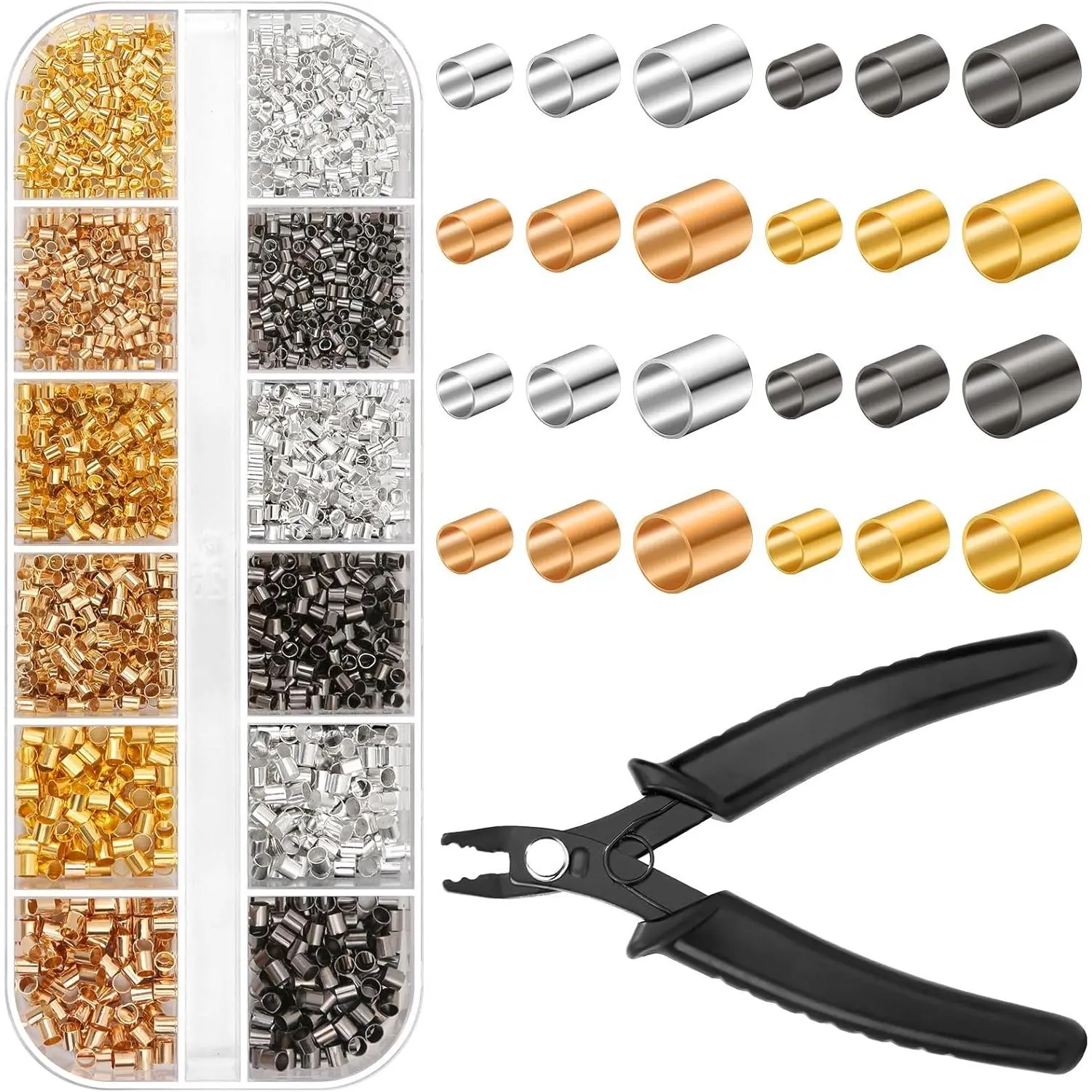 Crimping Beads for Jewelry Making, 2200 Pieces Crimp Tubes with Crimping Pliers for Earring Necklace Bracelet DIY Jewelry Making(3 Sizes, 4 Colors)