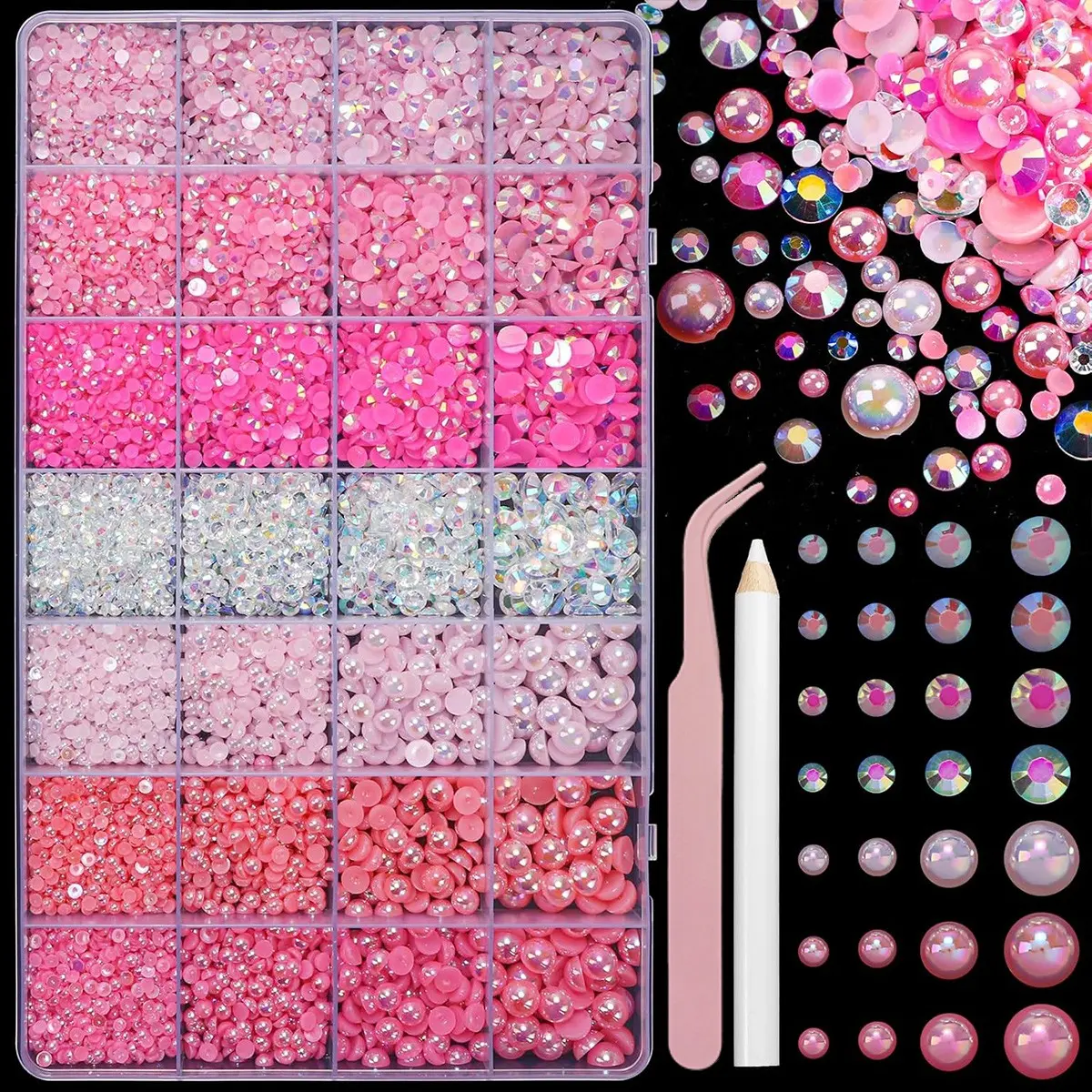 22000pcs Flat Back Pearl and Rhinestone Set, Resin Rhinestones, Mixed Sizes Half Gemstones, DIY Crafts for Nails, Face, Eyes, Bottles, Shoes