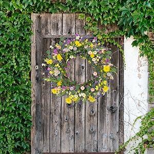 J'FLORU Spring Wreaths for Front Door 22 Inch Artificial Summer Wreath Daisy and Lavender Wreath with Wildflowers for Home Wall Farmhouse Springtime Easter Holiday Party