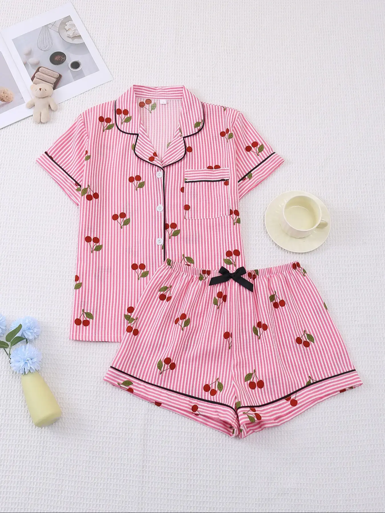 Women's Casual Striped Sleepwear Set, Pajama Set, Pajamas Sets, Pyjamas, Cherry Print Short Sleeve Top and Shorts, Loose Fit, Comfortable Home Wear, All Seasons, Sleepwear Loungewear Set