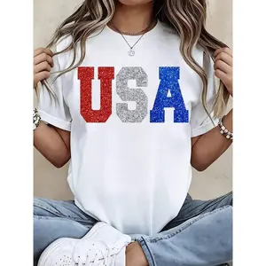 4th Of July Shirt Patriotic Clothes Women Fourth Of July Outfits Women Glitter USA Letter Graphic Tee Red White And Blue Sparkle Top Black Casual Summer Clothes Baseball Season