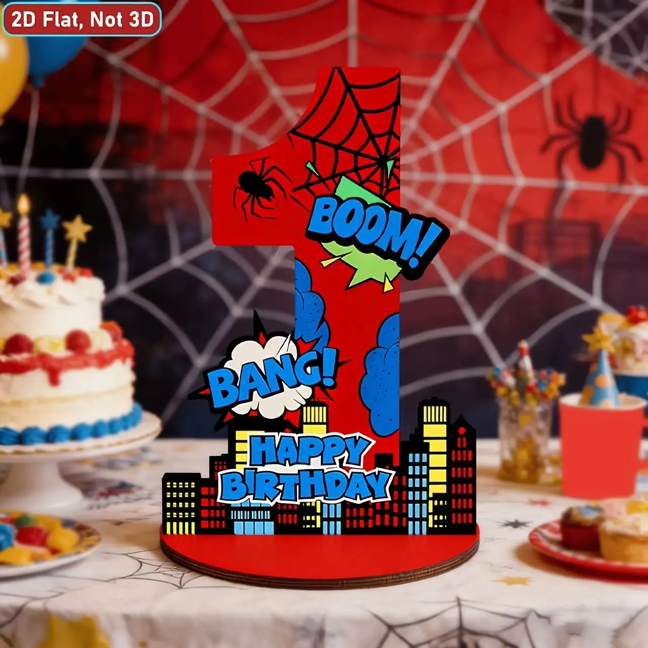 2D Flat Wooden Table Centerpiece, Party Decoration, Spider Themed 1st Birthday Table Decor with Number 1 & Happy Birthday Sign, Cartoon Spider Party Tabletop Ornament, Easy Assembly Party Supplies