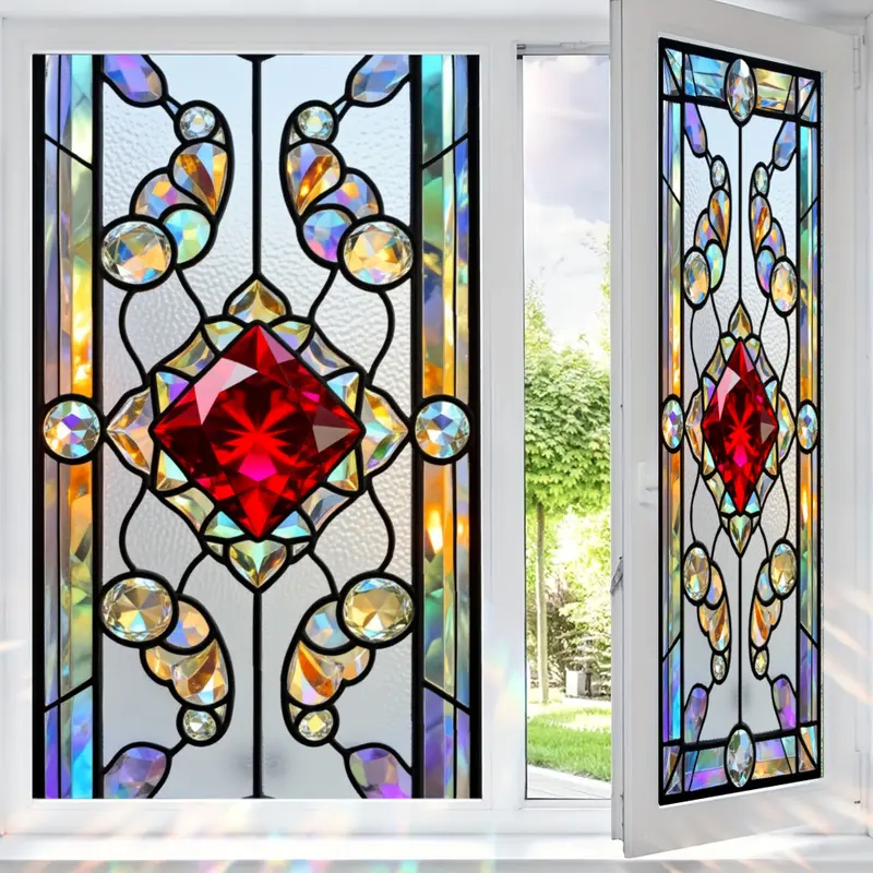 2D Flat Static Cling Stained Glass Window Film With Red Diamond And Colorful Gems Pattern Rectangular Ornament For Living Room And Bedroom Removable
