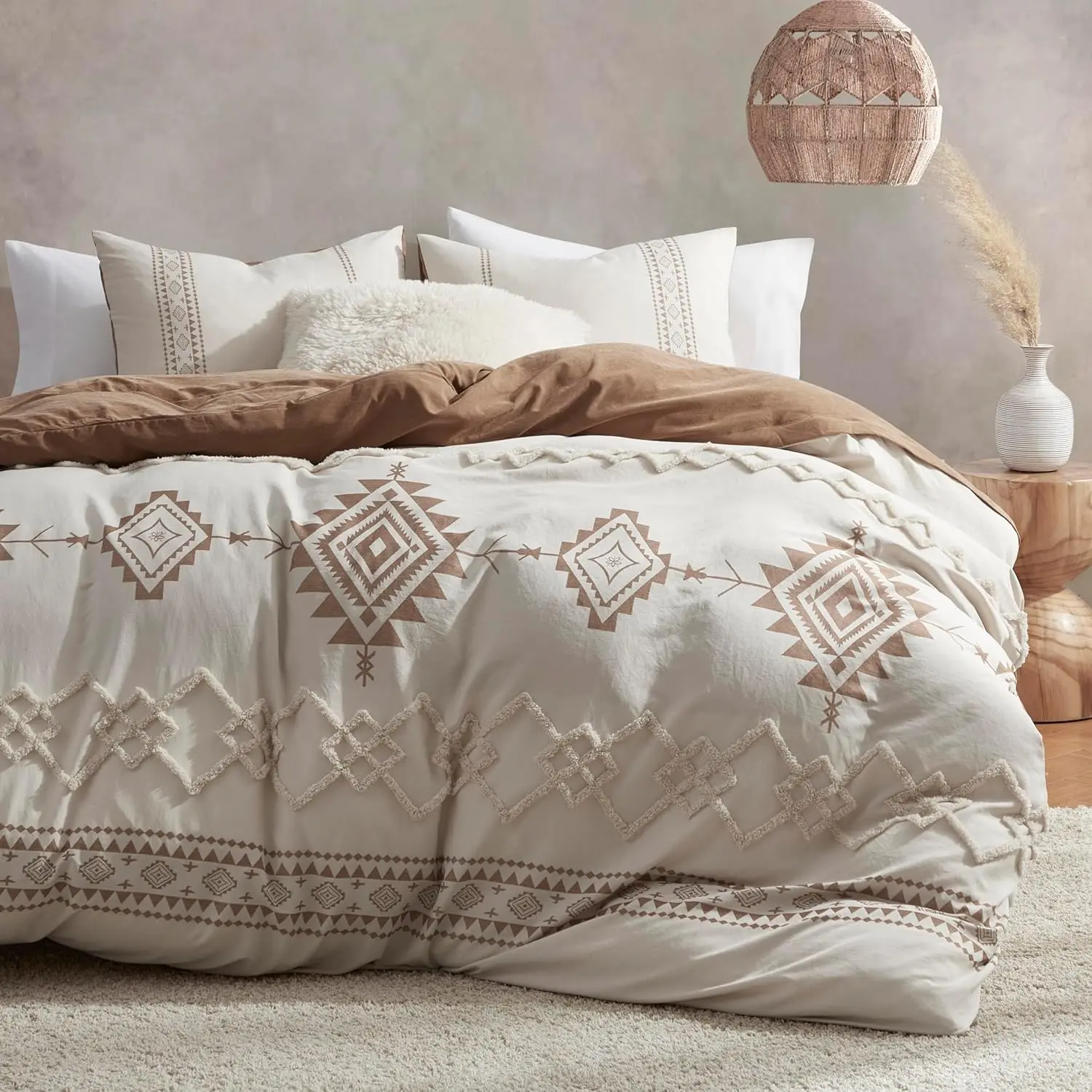 Boho Duvet Cover Set King Size, Beige and Terracotta Color Clash 3 Pieces Microfiber Bedding Set, Durable and Super Soft Duvet Covers with Zipper and Ties, 104"*90"