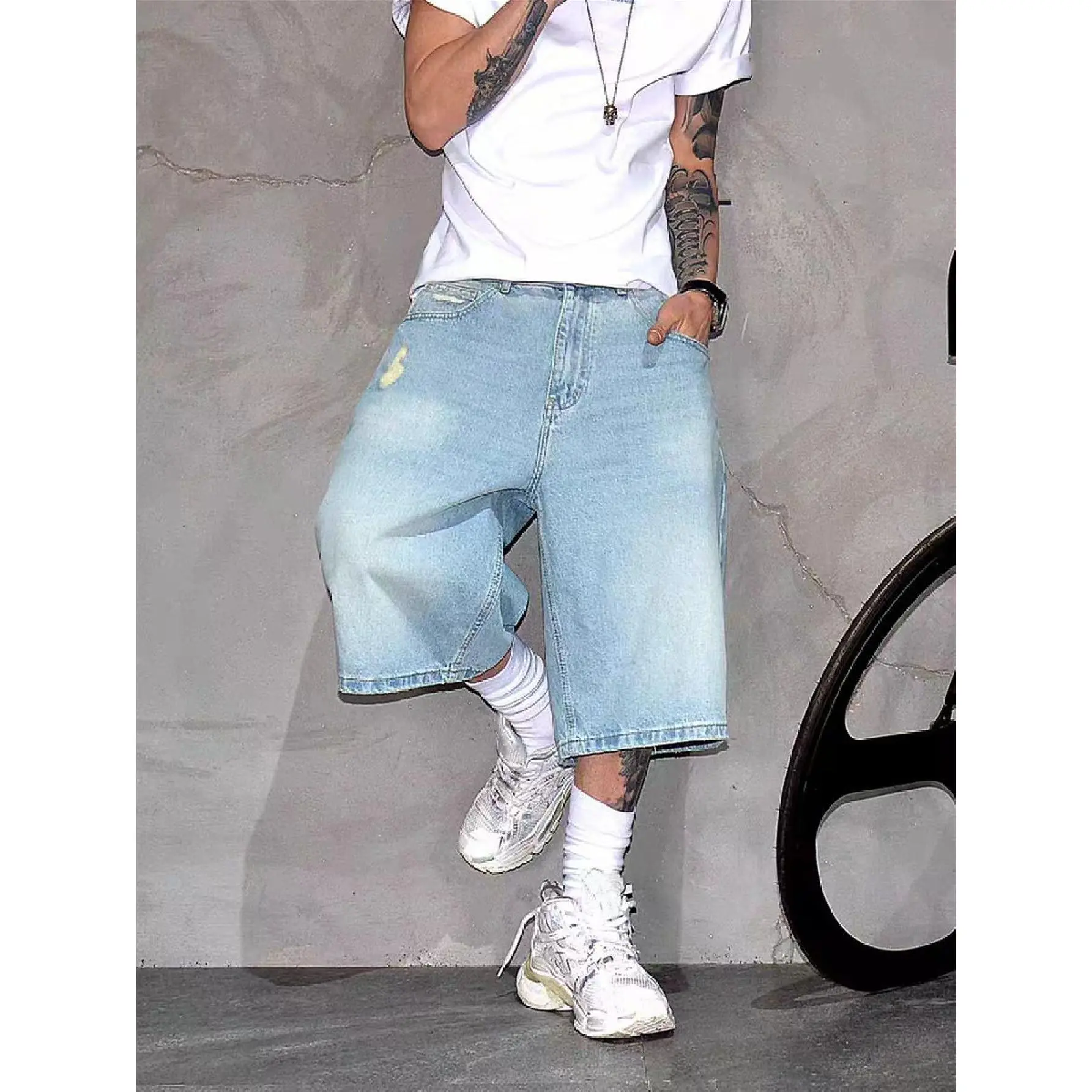 Stylish Men Vintage Distressed Holes Baggy Denim Shorts Summer Simple Solid Male Streetwear Straight Denim Five-point Pants Menswear Plain Loose Ripped