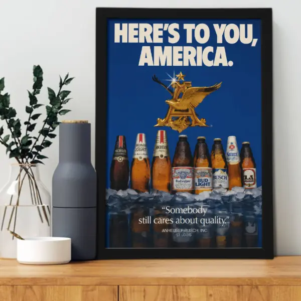 Vintage Anheuser-Busch Canvas Poster - "Here's to You America" Retro USA Ad, Black Aluminum Framed Wall Print, Classic Breweriana Decor for Bar, Gift for Adult Enthusiasts