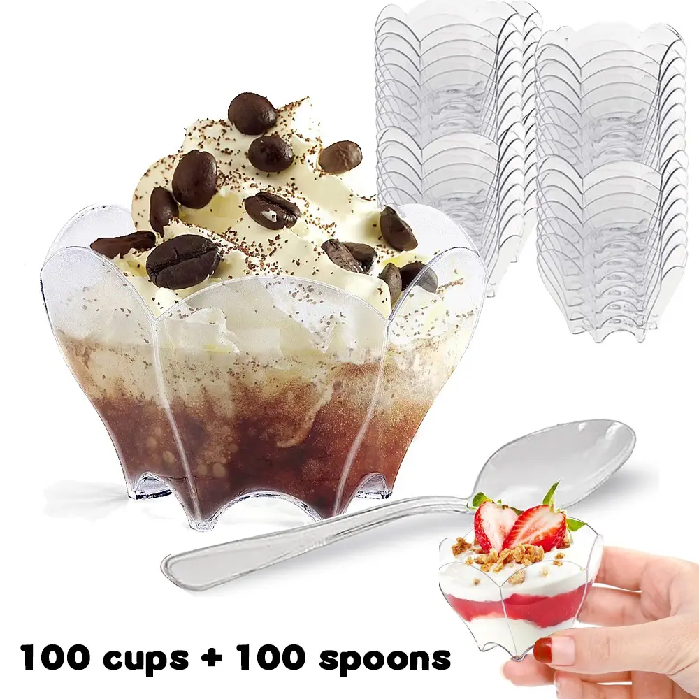 Party Supplies, Party Tableware, 100pcs Mini Disposable Plastic, Clear Dessert Bowls with Spoons to Hold Ice Cream, Candies Perfect for Bridal Showers, Birthdays, Food Tastings and Every Holiday Celebration