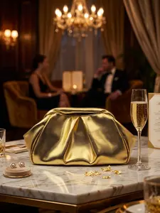Metallic Gold Cloud Handbag, Pleated Dumpling Crossbody Bag, Elegant Vintage Evening Clutch for Parties, Weddings, Dance Events