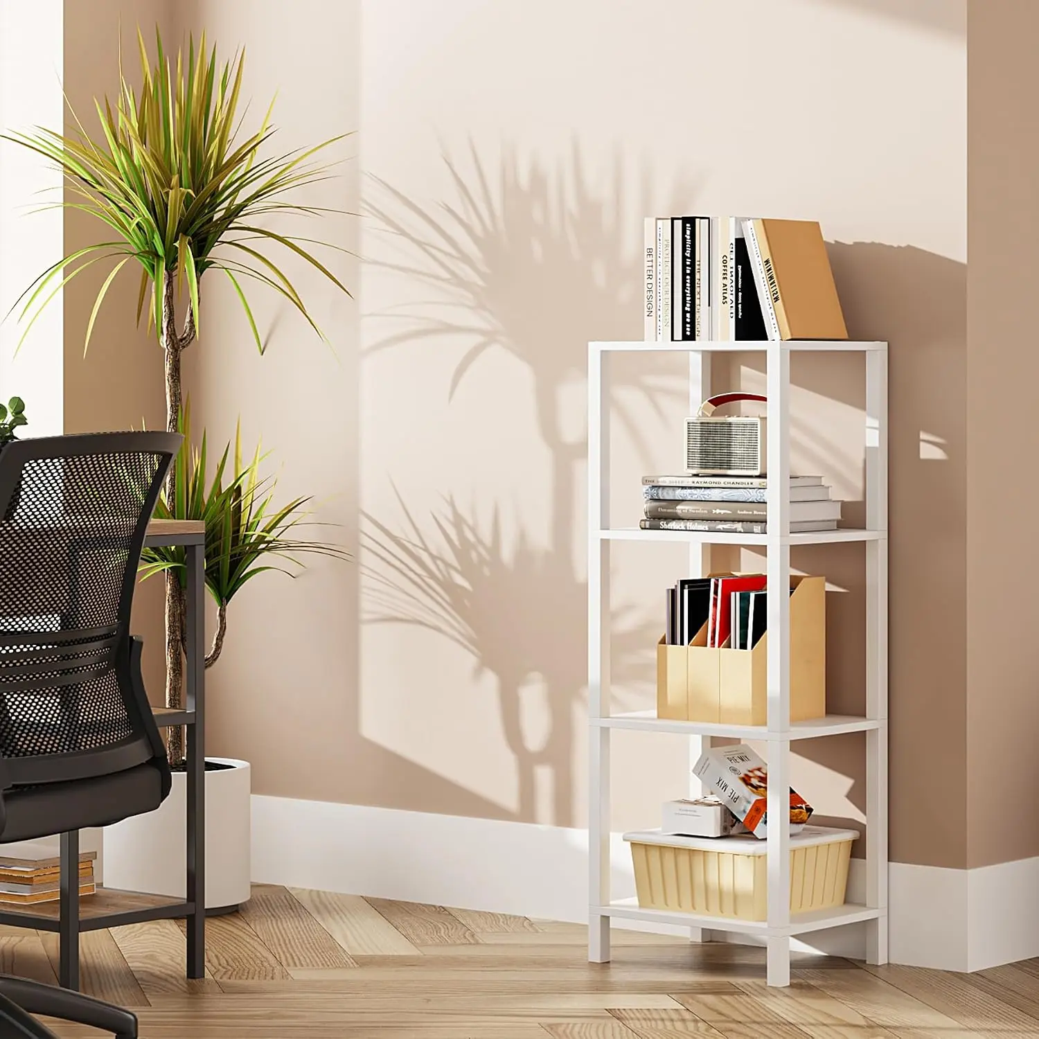 Bookshelf, 4-Tier Small Narrow Book Shelf for Small Space | 10.7 x 14.5 x 40.8 Inches Skinny Display Shelf with Storage for Living Room, Office, Study, Entryway, White BS01BW004