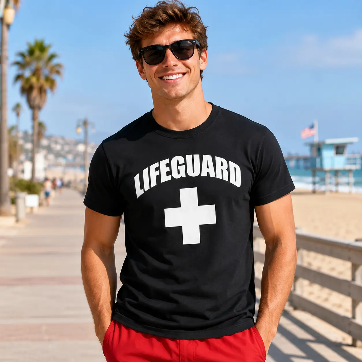 Lifeguard Graphic T-Shirt, Beach Pool Rescue Crew Neck Tee, Summer Vacation Lifeguard Shirt, Easy Costume Top for Men and Women