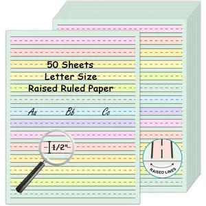 50 Sheets 8.5"x11" Double Sided Colored Primary Writing Paper, 0.5" Tactile Line Multi-Sensory Ruled Handwriting Pad for Kids with ADHD Dysgraphia Children Writing Practice