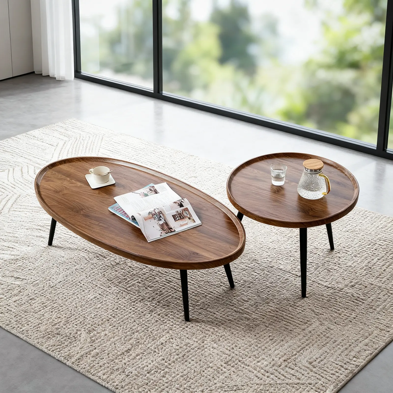 Set of 2 Mid-Century Modern Nesting Patio Side Tables, Round End Tables Built with Sturdy Wood Legs & Solid Metal Frame, Waterproof Mark Resistant Space Saving Coffee Tables, Multi-Side Furniture for Living Room Bedroom Balcony, Walnut Finish