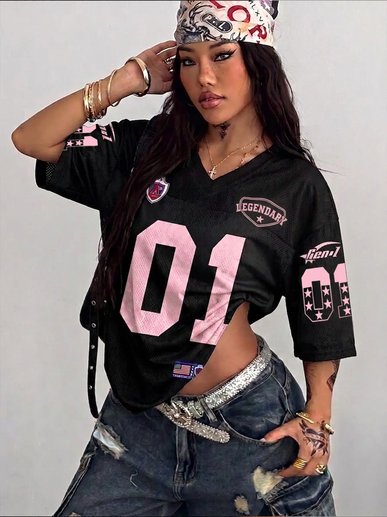 Women's Number Jersey, American Street Style Top, V-Neck Mesh Breathable, Loose Fit Mid-Sleeve Drop Shoulder, Streetwear