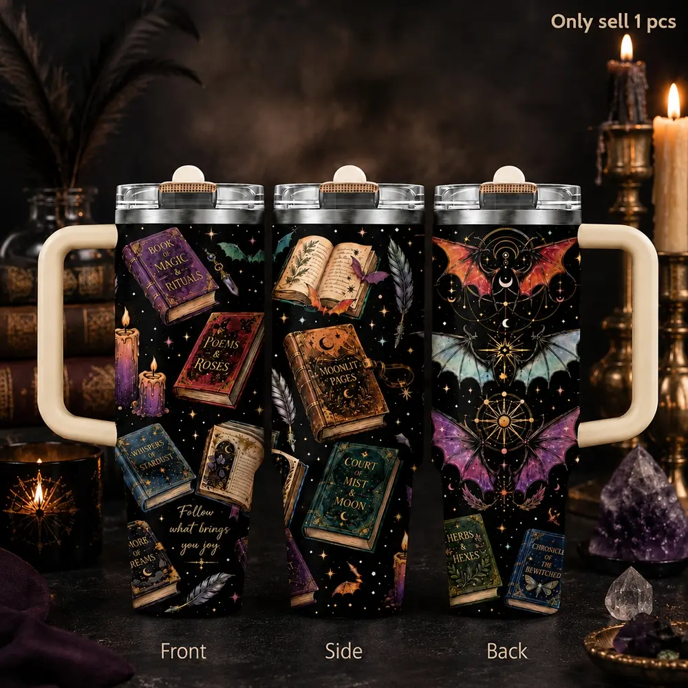 Magic Books & Celestial Witchy Art Vacuum Flasks 40oz 3rd Gen Vacuum Insulated Stainless Steel Tumbler with Handle, Straw Lid, Leak-Resistant Travel Mug Insulated Drinkware for Water, Coffee, Gifts, Office, Gym & Car Cup Holder