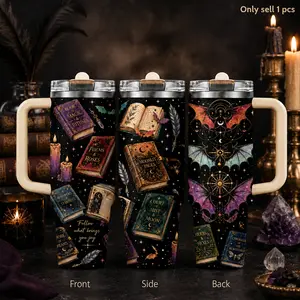 Magic Books & Celestial Witchy Art Vacuum Flasks 40oz 3rd Gen Vacuum Insulated Stainless Steel Tumbler with Handle, Straw Lid, Leak-Resistant Travel Mug Insulated Drinkware for Water, Coffee, Gifts, Office, Gym & Car Cup Holder