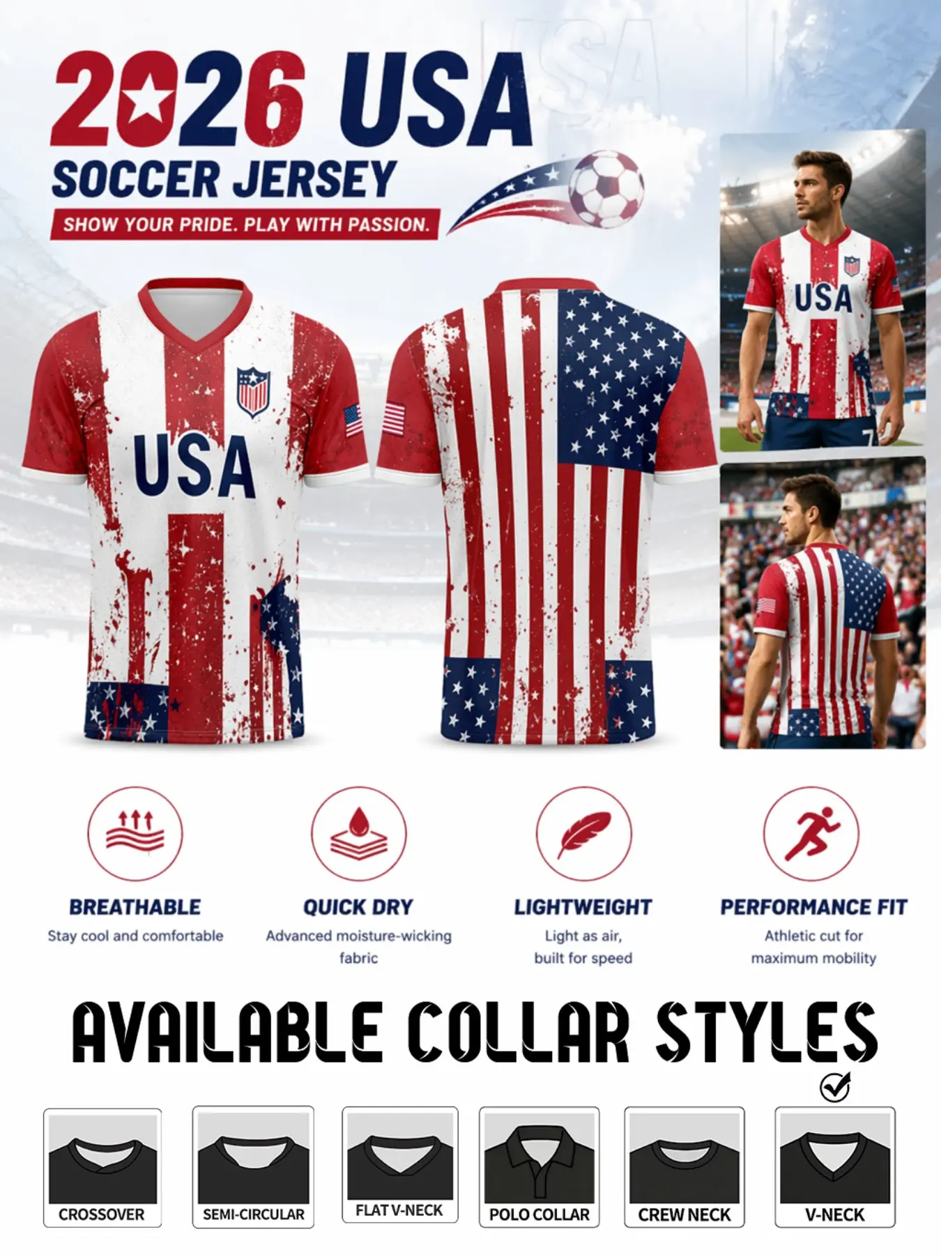 2026 Us Retro Soccer Jersey, Full Sublimation Star Stripe, Breathable Moisture-Wicking, Lightweight Durable Sports Wear, Fan Training Clothing