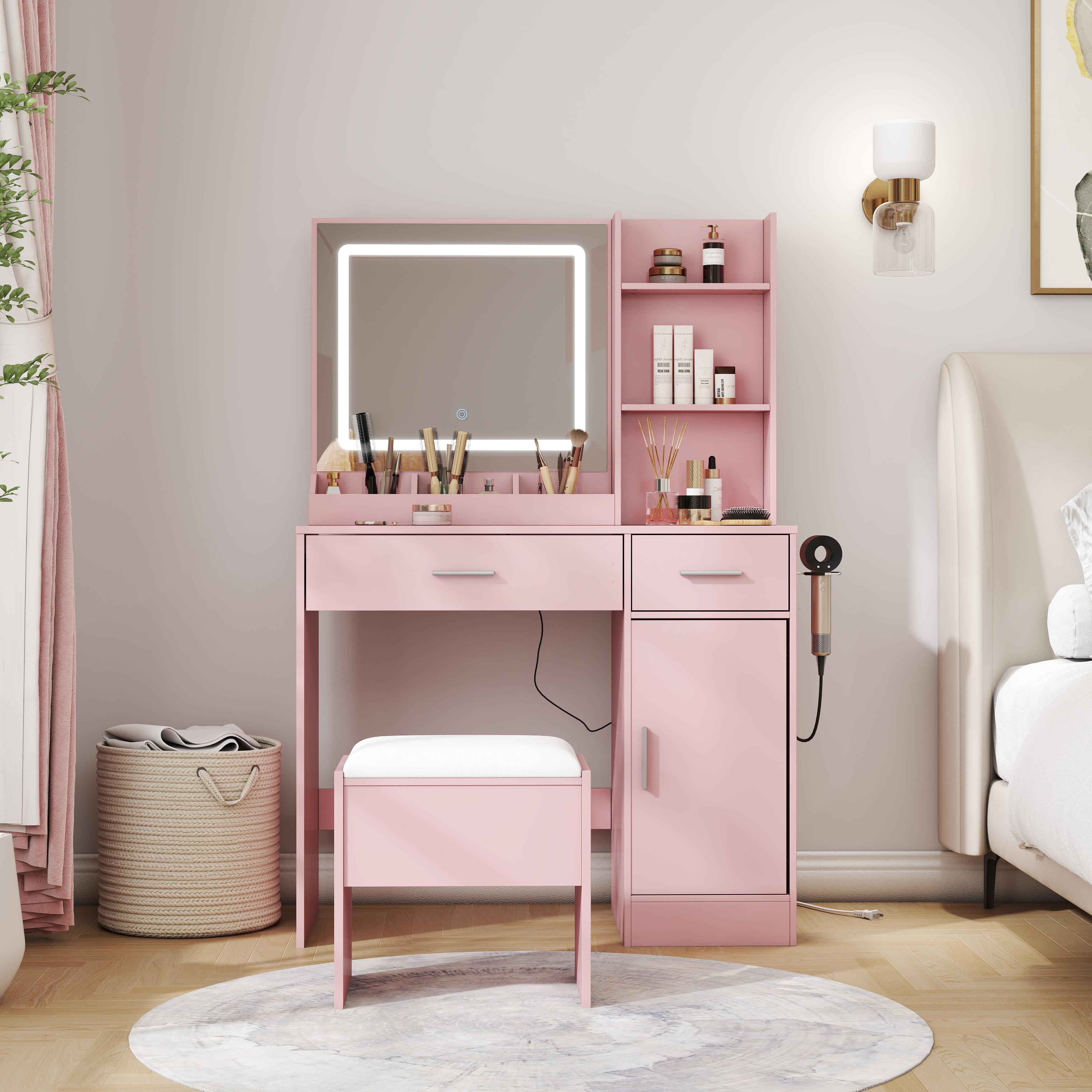 [Bellemave]Lavin Makeup Vanity Set, Vanity Desk with Stool, LED Light Mirror and Charging Station, Pink On-Site