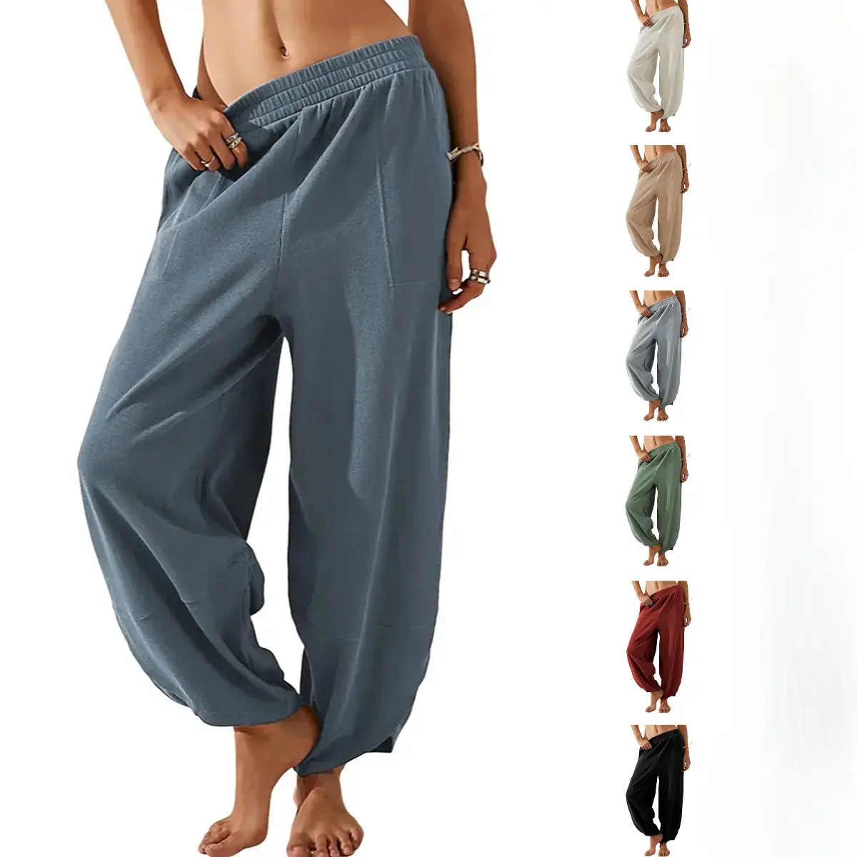 Women's Baggy Wideleg Pants Casual Elastic Waisted Palazzo Harem Pants with Pockets