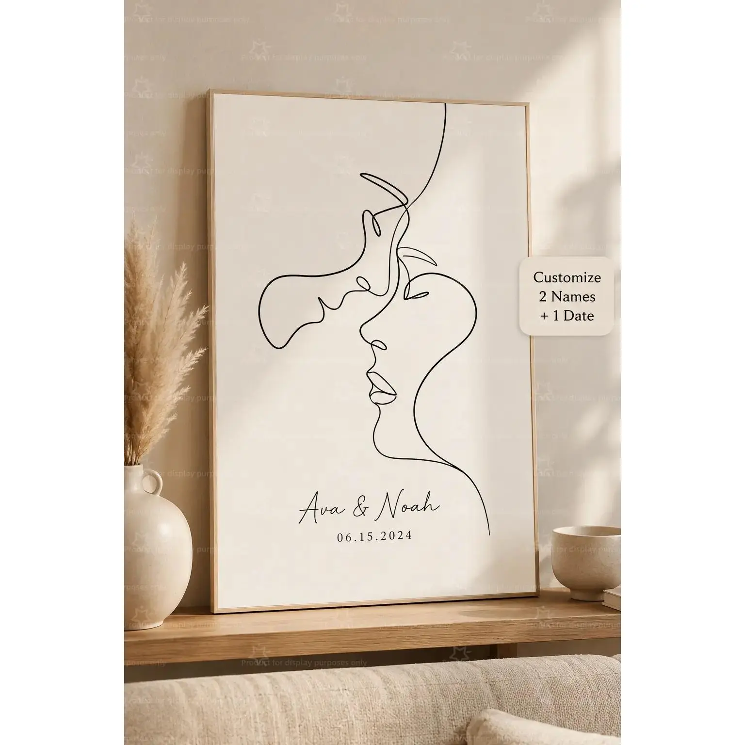 Custom Couple Kiss Line Art Canvas Poster Personalized 2 Names Date Print, Minimalist Romantic Wall Art, Anniversary Wedding Gift, Bedroom Living Room Decor, Aesthetic Poster Print, Custom Canvas Wall Decor
