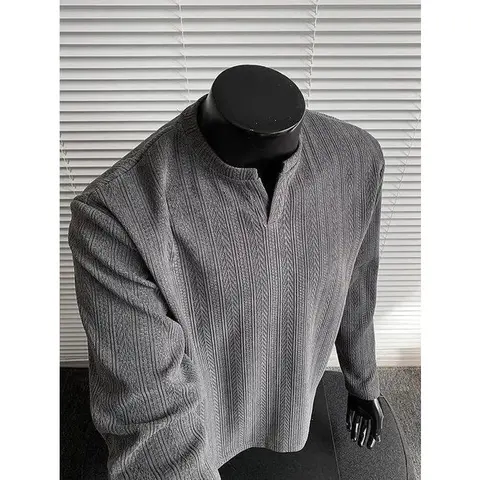 Men's Small Heavyweight Polyester Jacquard V-Neck Striped Textured Woven Long Sleeve Loose Fit Pullover Sweatshirt - Menswear, Knitwear for Thanksgiving, Christmas, Everyday Casual Spring Streetwear Tops
