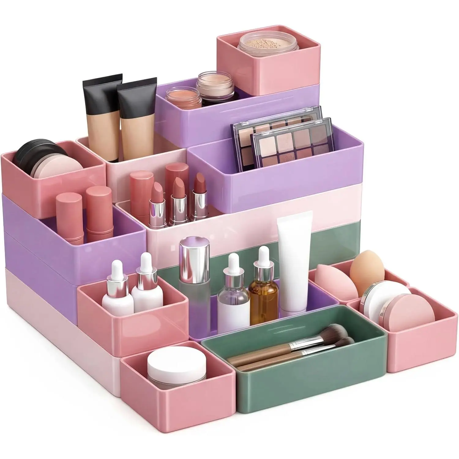 18 count Drawer Organizer Stackable 4 Size Makeup Drawer Organizer Trays  Bathroom  Storage Bins for , Jewelries, Office , Kitchen Utensils(Multicolor,Glossy)