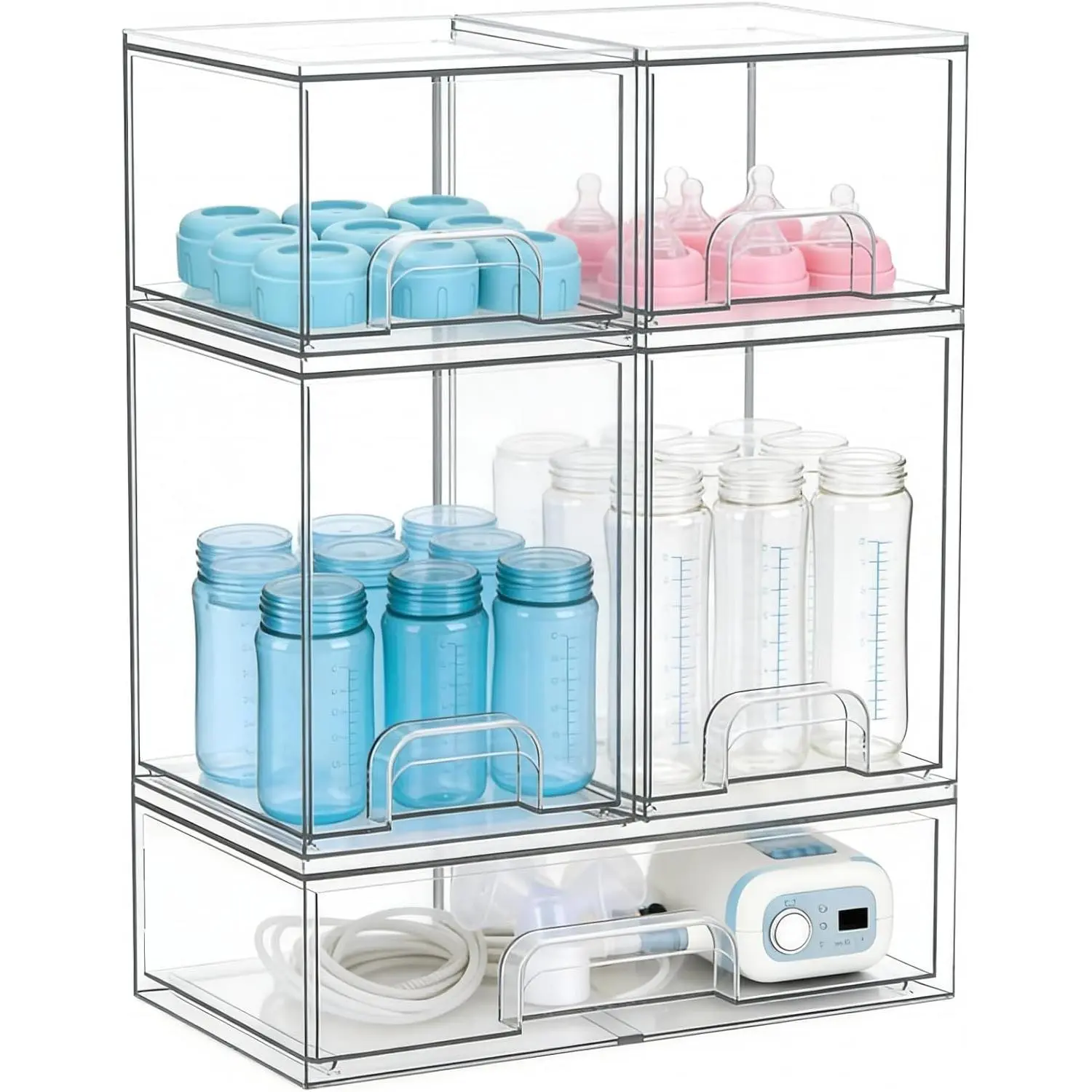 5-Piece Modern Acrylic Baby Bottle Storage Organizer, Large Capacity Stackable Unit with Non-Slip Pads for Baby Bottles, Pump Parts, Kitchen Countertop