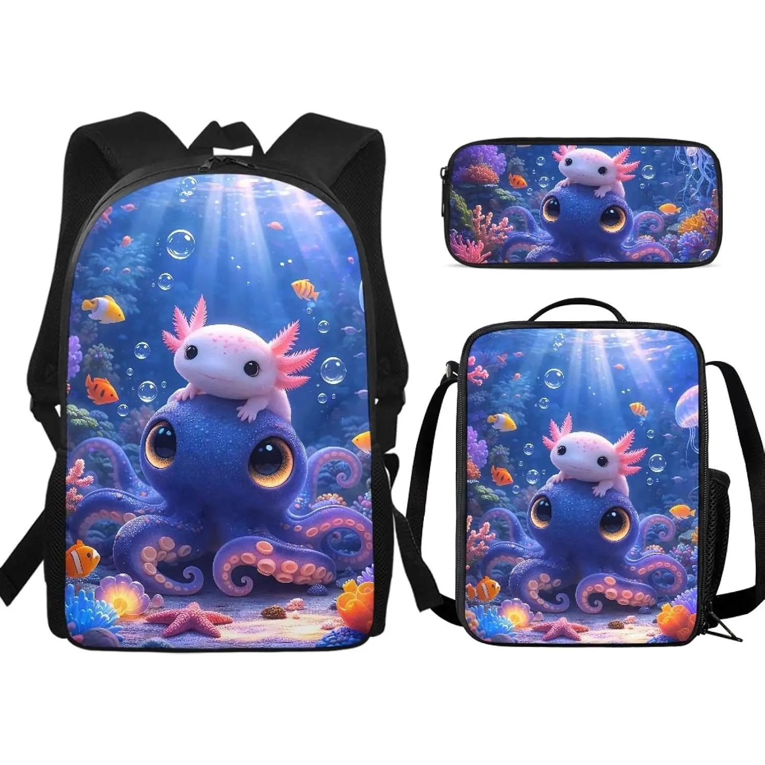 Mexican axolotl octopus backpack set for girls, stylish underwater theme, with side pockets, three-piece set, a must-have for back to school.