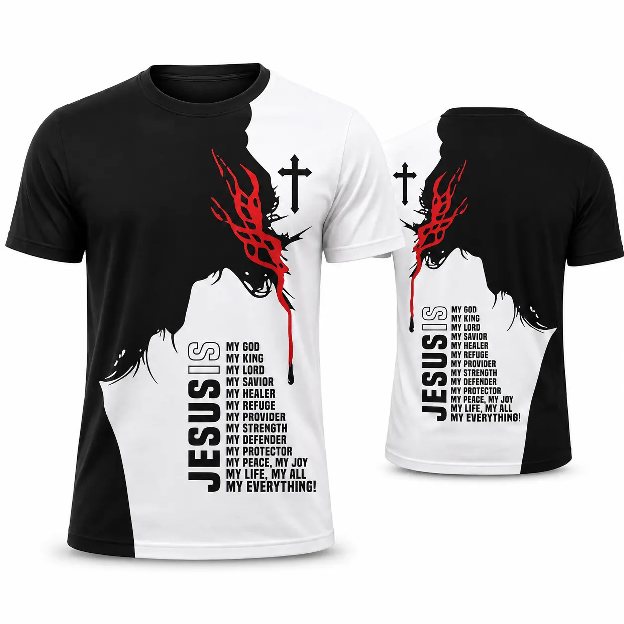 Men's Smooth Christian Graphic T-Shirt - Jesus Is My Everything, Crown of Thorns Cross Black White All-Over Print Polyester Shortsleeve Round Neck Faith Top, Tshirt, Outdoor, Casual, Classic, Fabric, Graphic Tees