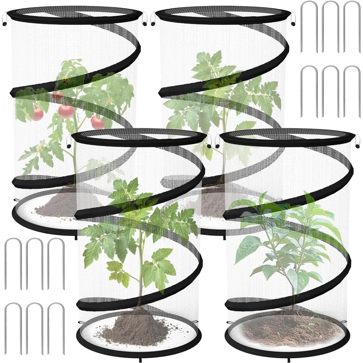 4 Pack Pop up Plant Guard Covers Tent from Animals White, 19.6" x 11.8" Foldable Plant Protectors Mesh Net, Garden Plant Enclosure Protection Cage with Stakes & Carry Bag for Outdoor Plants