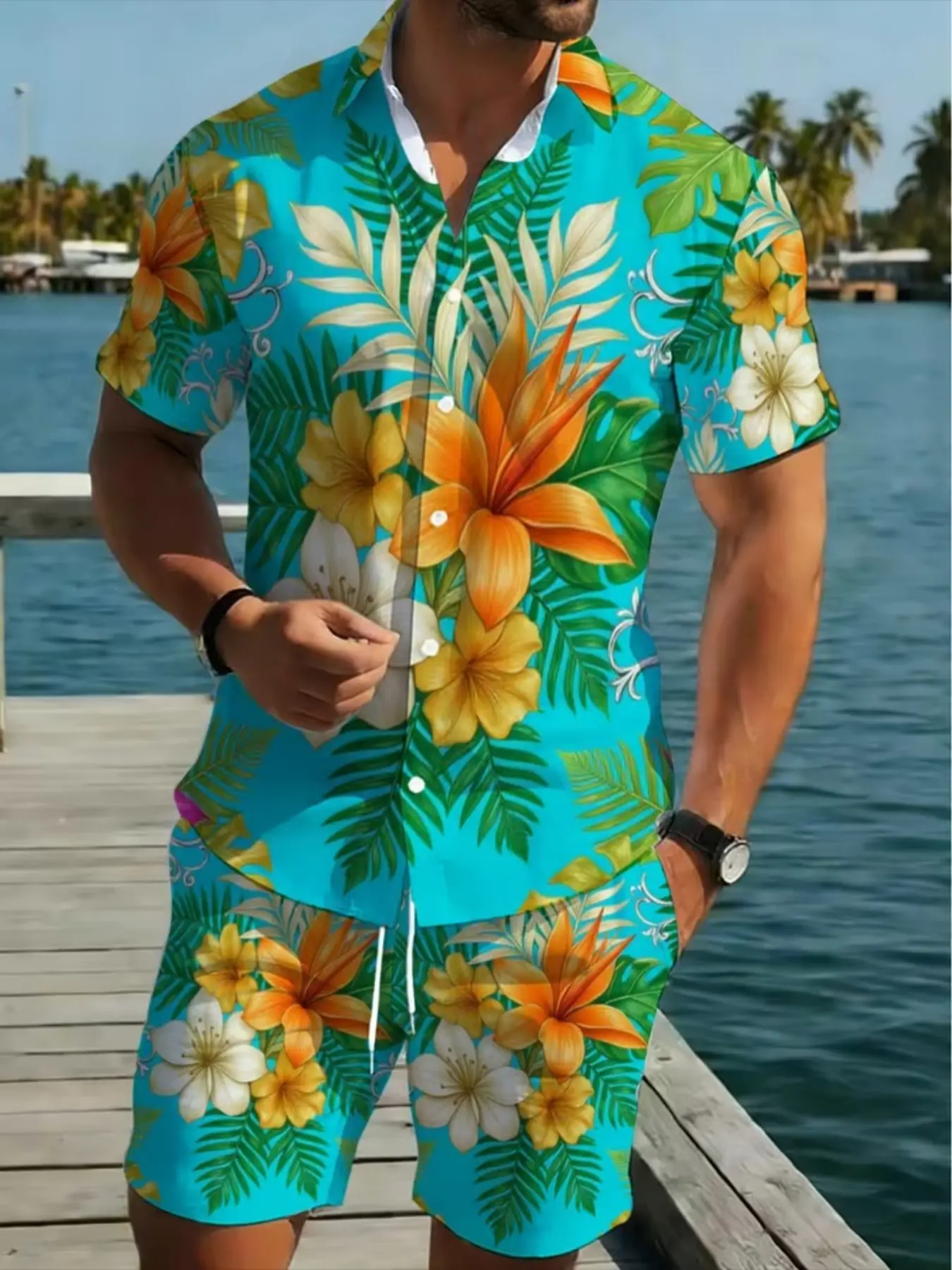 Men's Tropical Floral Leaf Print Shirt and Shorts Set, Casual Two-Piece, Fitted Anti-Wrinkle, Knee-Length, All Seasons
