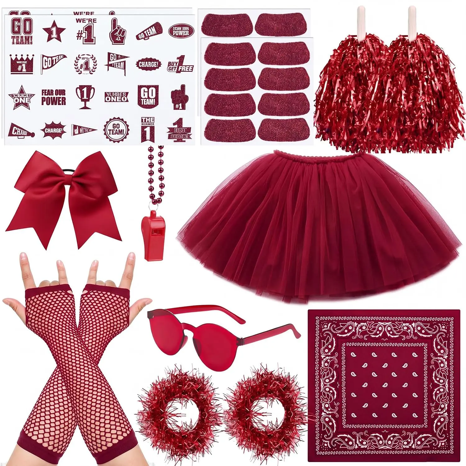 21 Pack Claret Spirit Day Accessories - Color War Camp Supplies Bulk Set with Tutu, Colored Items & More for Girls' Pep Rally & Team Spirit Events