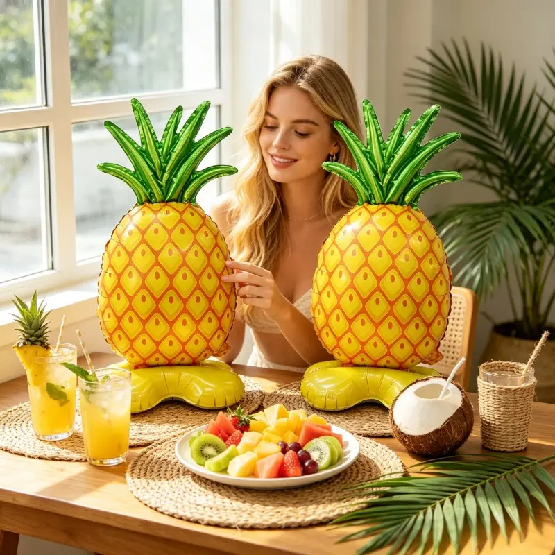 2pcs Standing Pineapple Aluminum Foil Balloons, Bright Body + Leaves, Tropical Summer Style, Perfect for Hawaiian Parties, Decoration