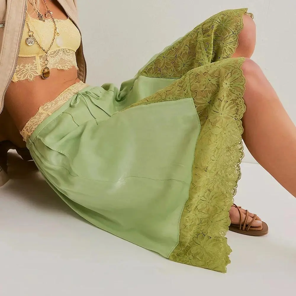 Women y2k Lace Floral Bloomers Pants Silk Satin Patchwork Ruffles Loungewear Boxers Coquette Half Slip Midi Pants Streetwear