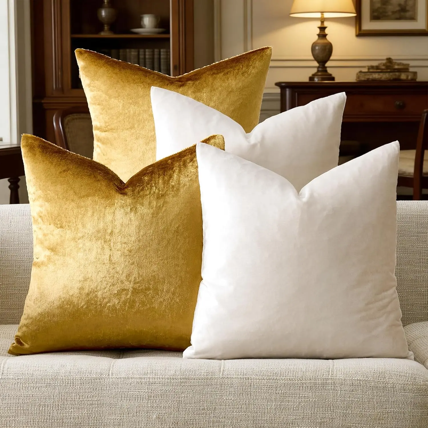 Decorative Velvet Pillow Covers - 18x18 Throw Pillows Soft Ivory Gold Covers for Couch Living Room Bed Square Luxury Cushion Covers Home Decor Set of 4