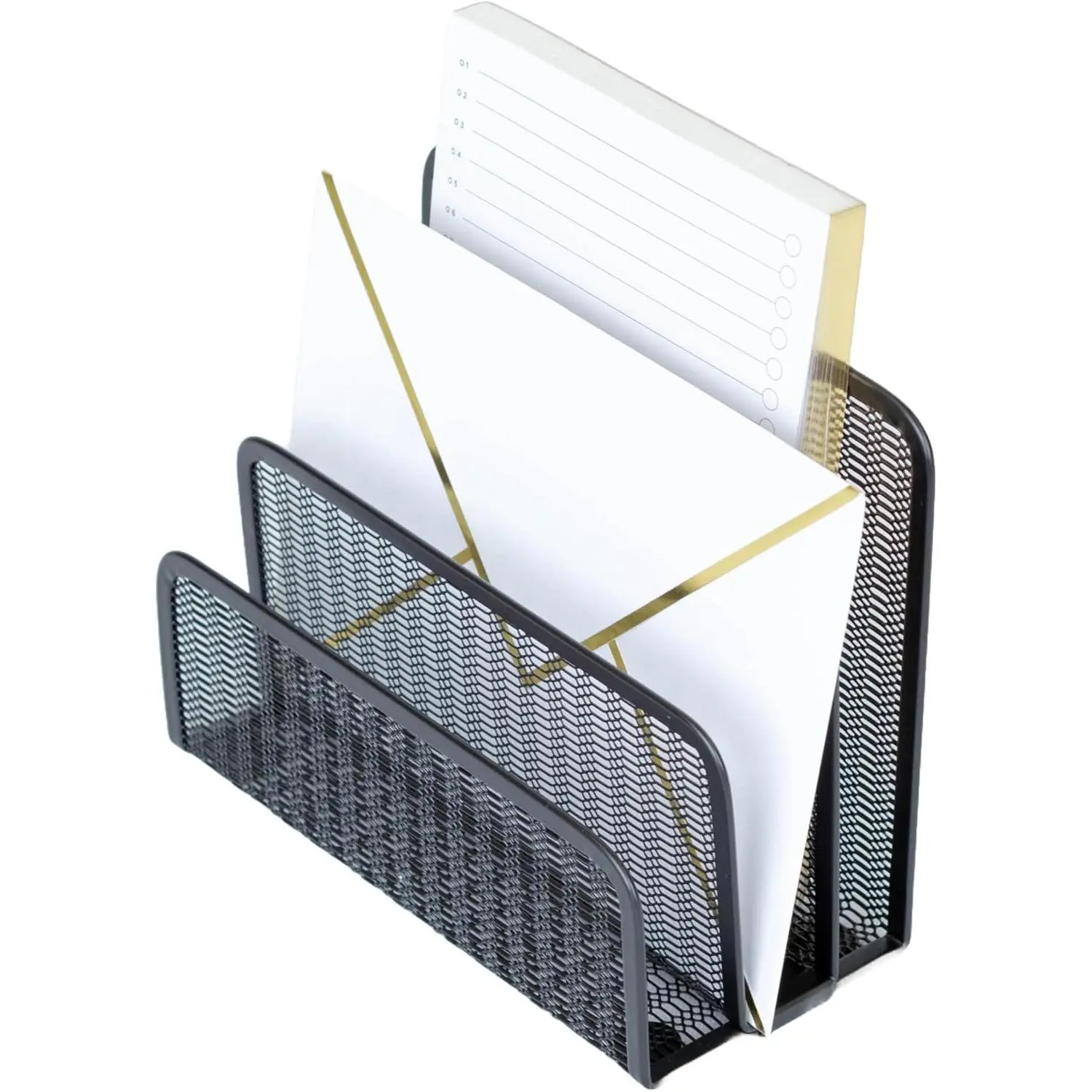 Black Metal Mesh Letter Sorter | 3-Slot Mail Organizer for Desk, Office &  | Vertical File & Envelope Holder with Non-Slip Base | Space-Saving Desktop Mail Organizer