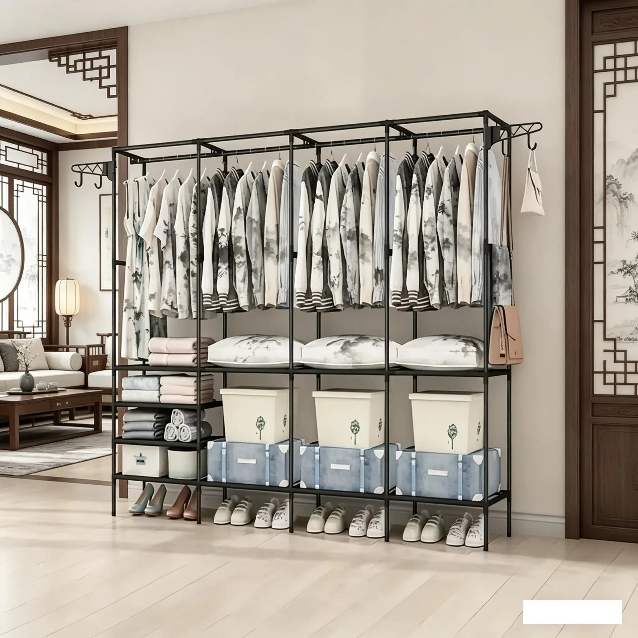 Large Capacity Coat Rack with Storage, Portable Closet, Clothes Organizer, Clothes Organiser, Open Wardrobe for Bedroom, Living Room, Entryway, Dormitory, Bedroom Clothes Holder