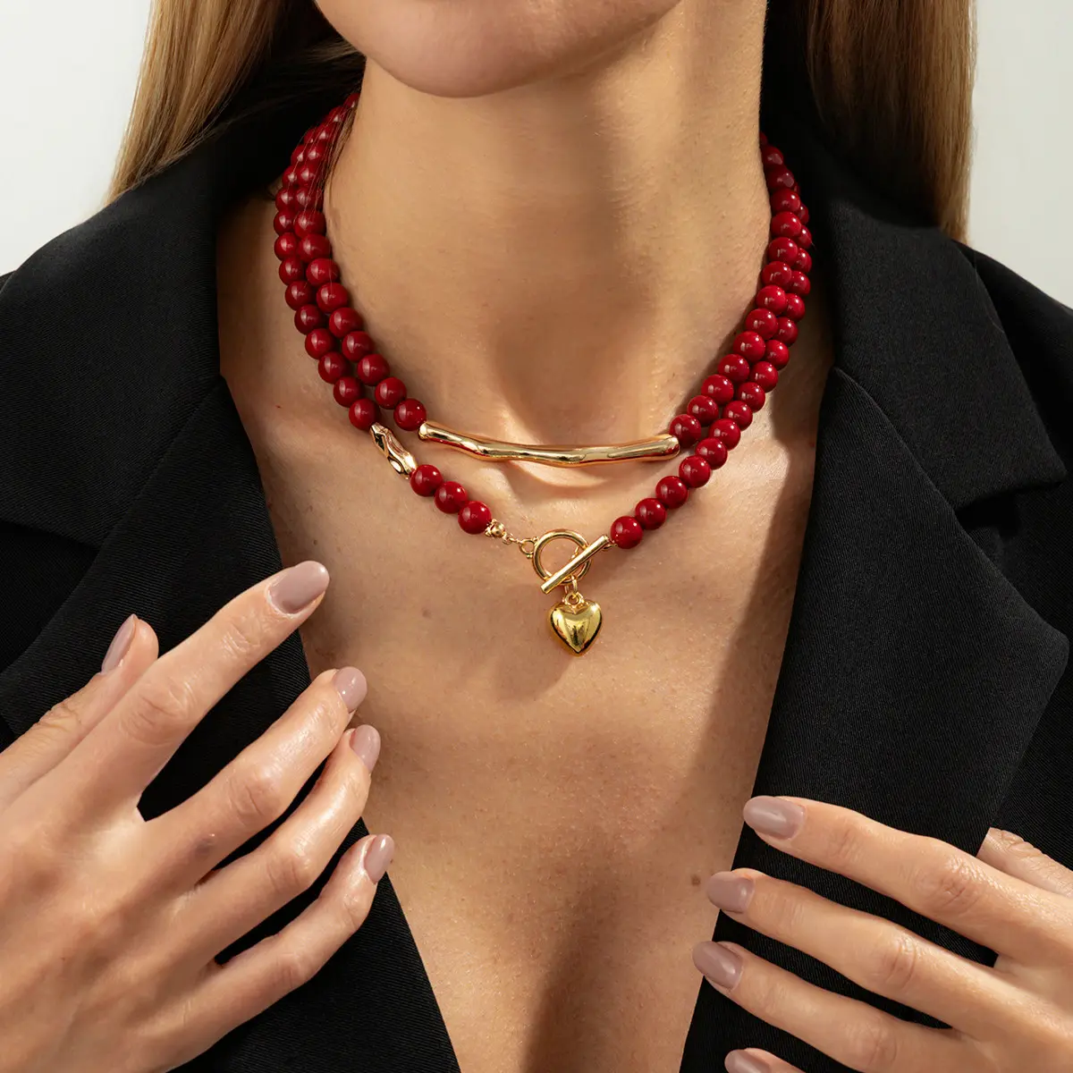 Vintage Red Acrylic Beaded Heart Charm Choker - OT Clasp, Choker Length, Unisex Wear, Unique Premium Necklace