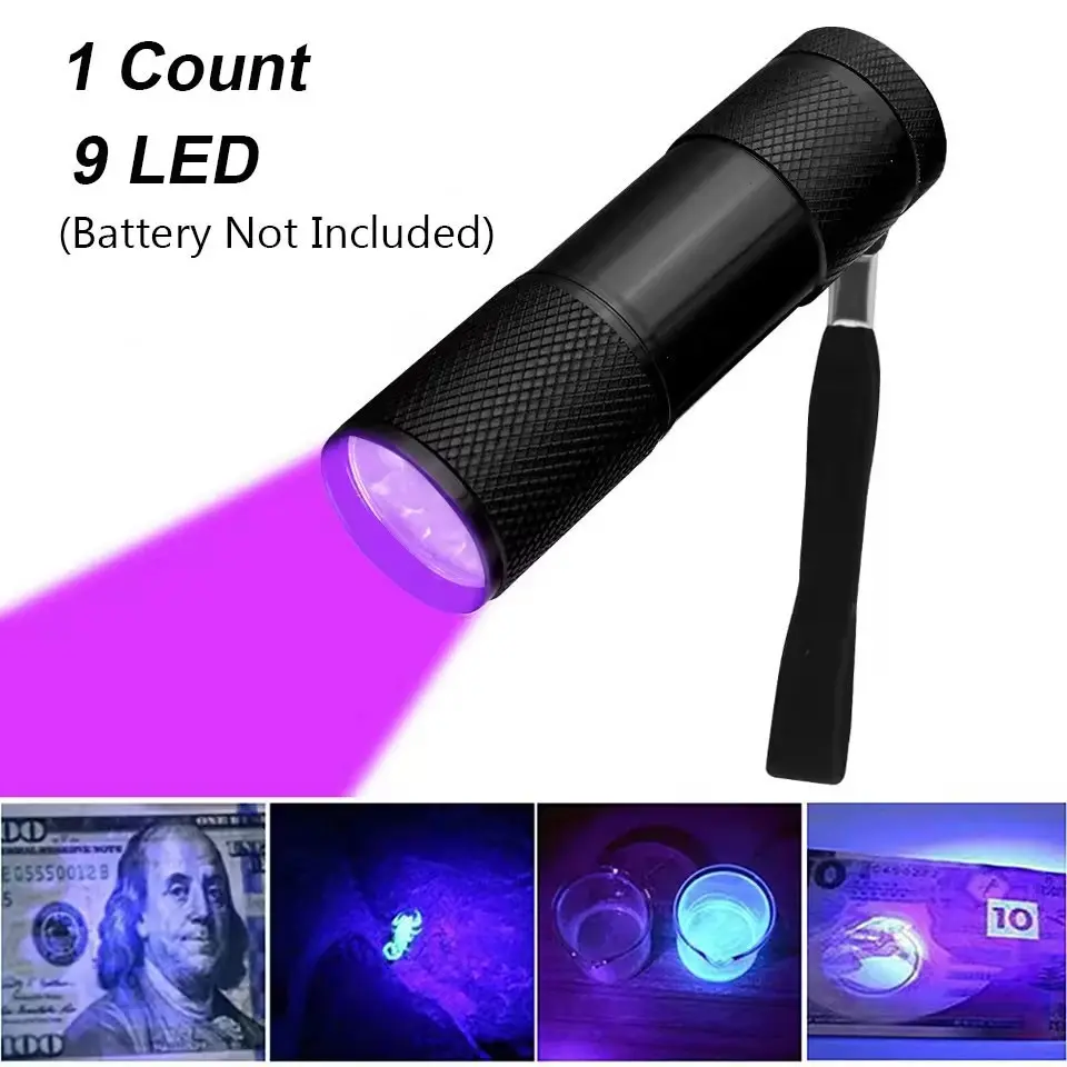 Wild Bright Mini Aluminum UV Flashlight, 9 LED, Battery Not Included, 395nm, Ip44 Waterproof, Portable, for Ink Drying, Currency Check, Pet Urine Detection, Fluorescent Inspection