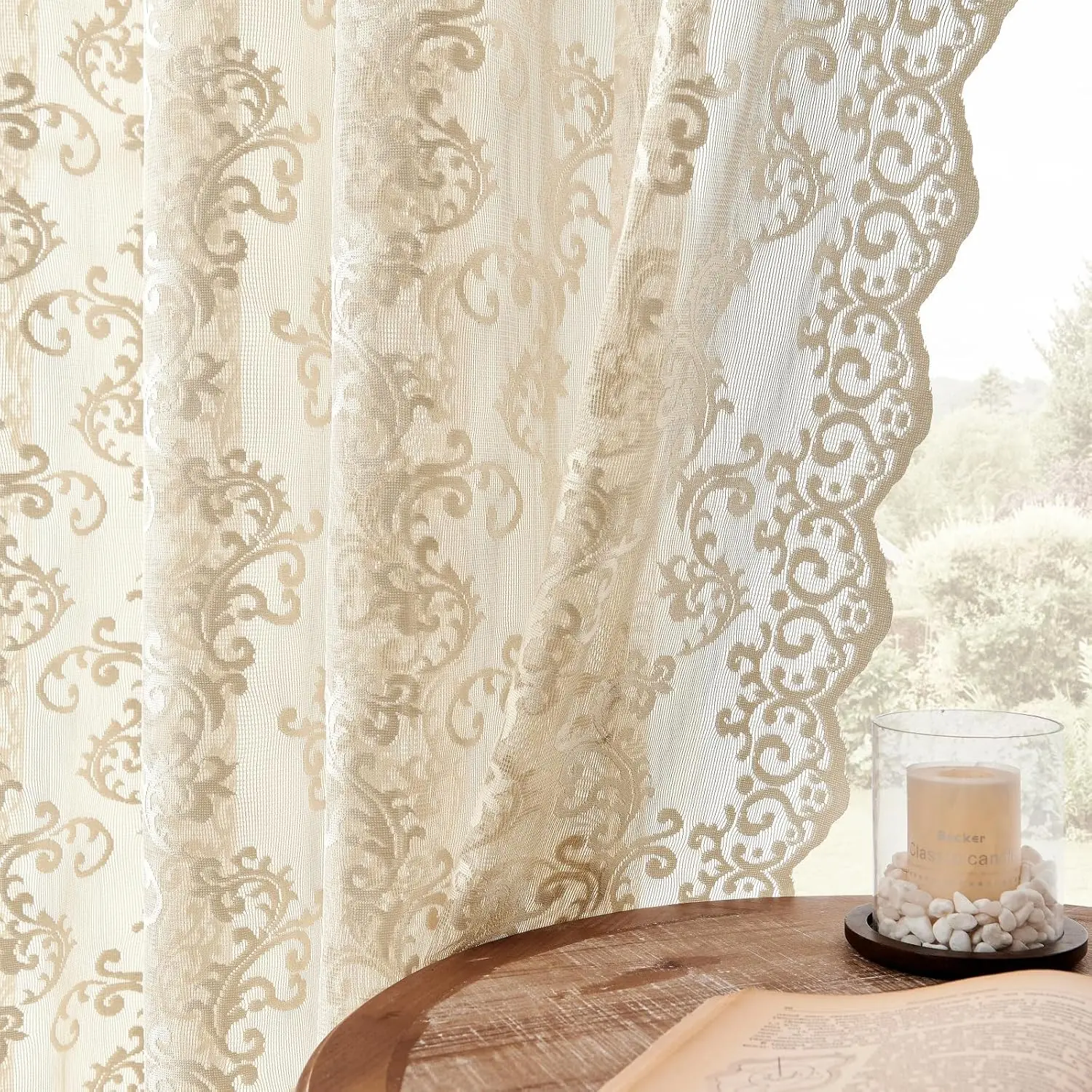 Beige Lace Curtains - 63 Inch Length, 2 Panels Set - Victorian Floral Sheer Curtains for Living Room & Bedroom - Rod, Light Filtering, Paisley Drapes, 52x63