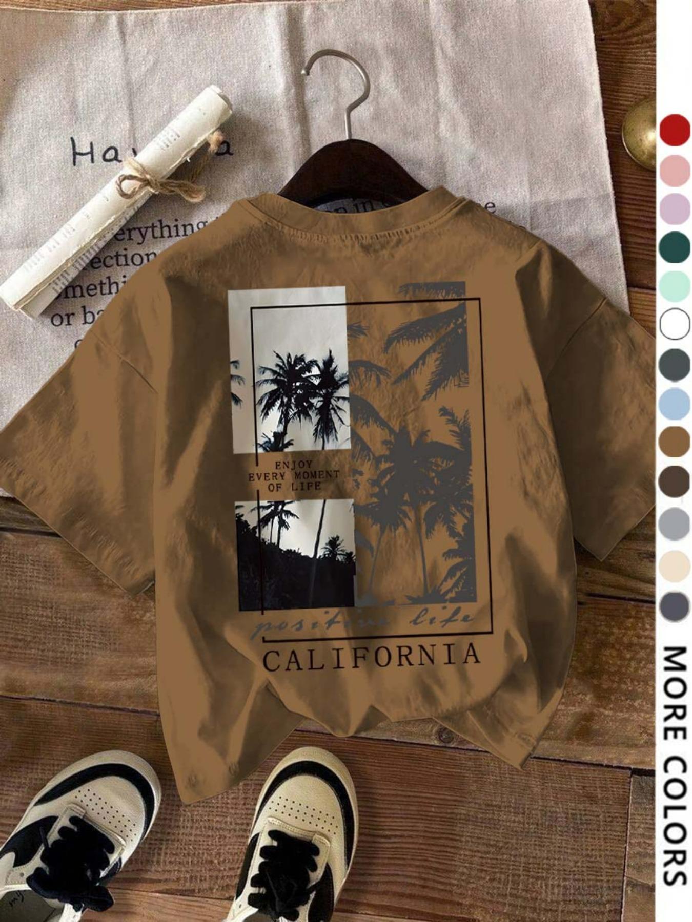 Women's Letter & Tree Print Round Neck Tee, Fashion Casual Short Sleeve T-shirt for Daily Wear, Ladies Summer Clothes