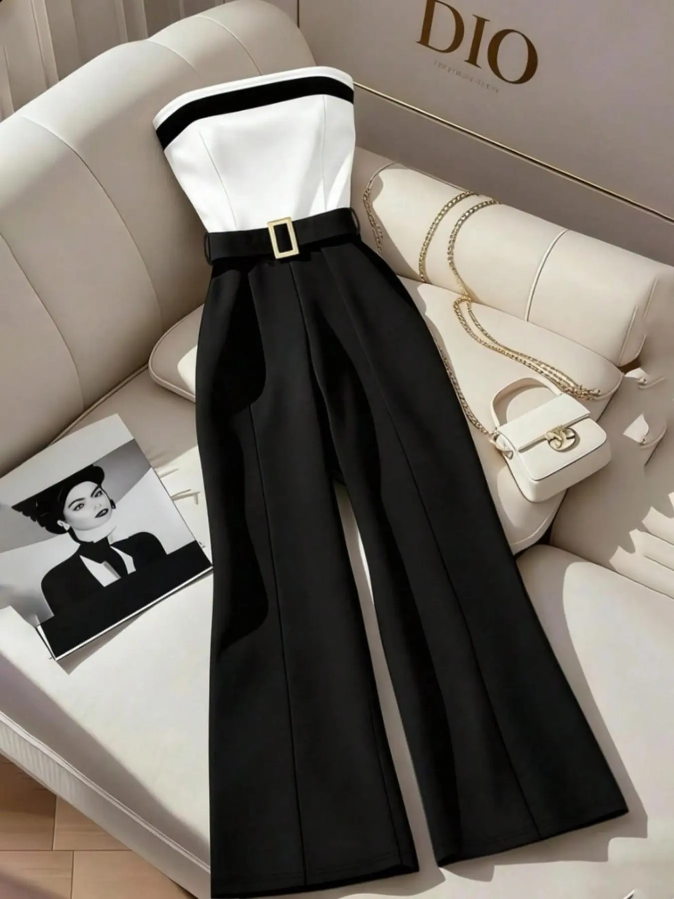Women's Colorblock Jumpsuit, Fitted Waist High Leg Pants, Plain Surface, Unlined, All Seasons, Office & Evening Wear
