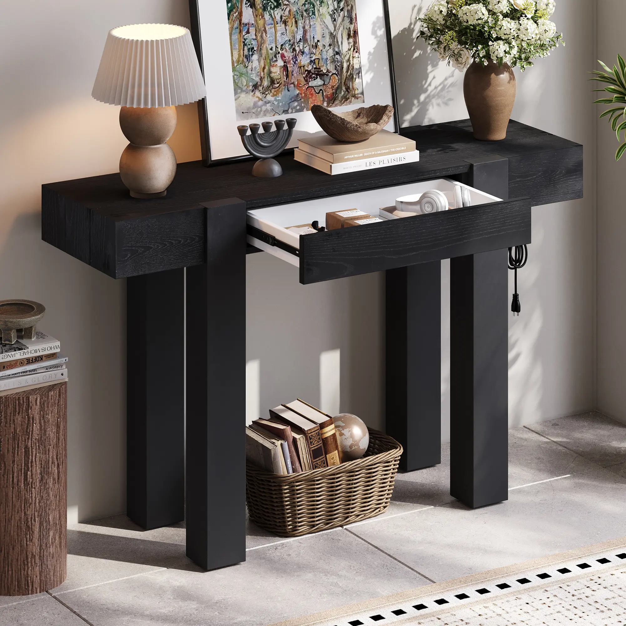 ARCH TREXM Rustic Minimalist Console Table with Hidden Drawer and Side Power Outlet, Wood Entryway Table for Living Room, Home Office, Hallway, Black Finish, 1-Pack, Living Room Table for Sofa Side, Bedroom, Office, Apartment and Home Decor