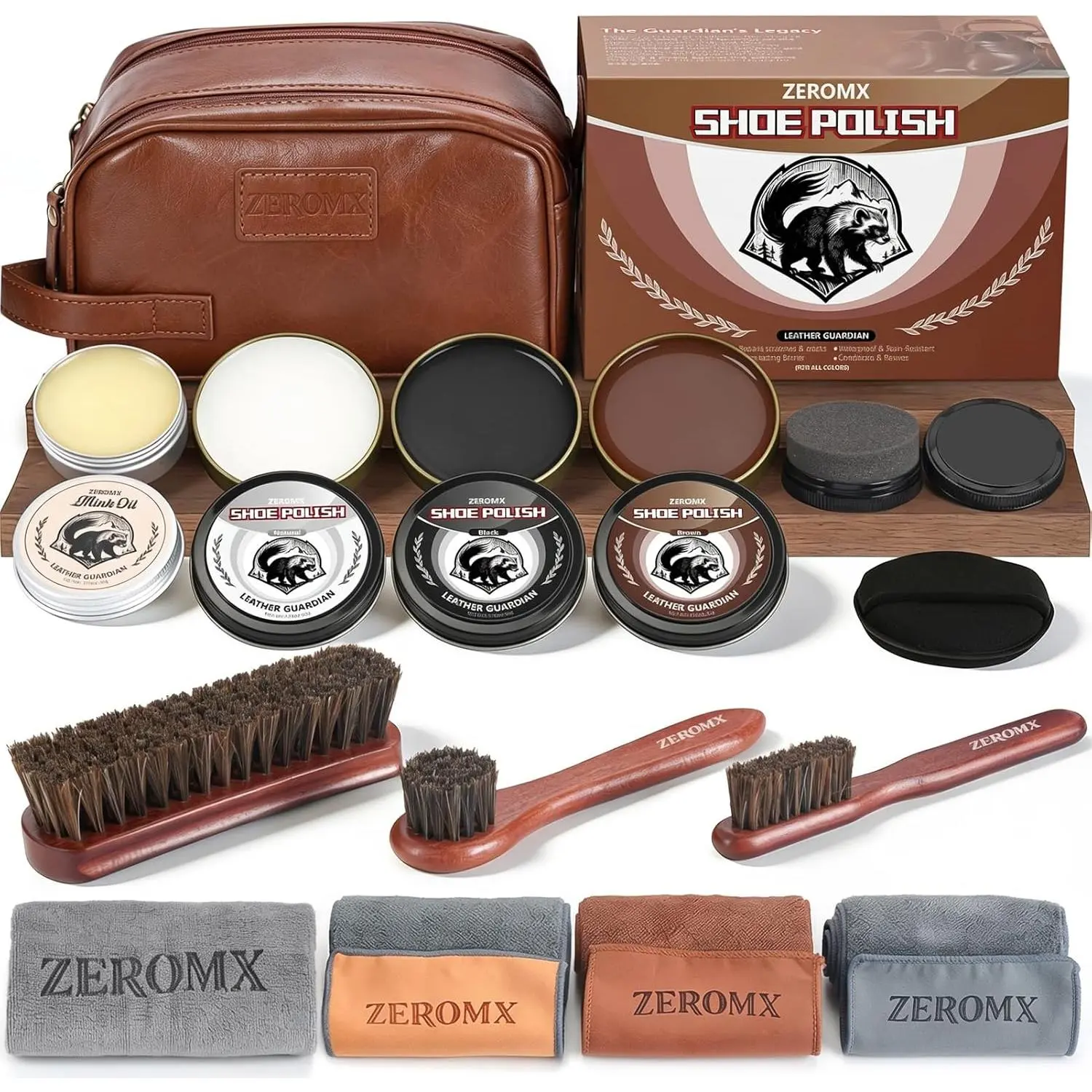 Shoe Care Kit for Men & Wsomen, 14Pcs Shoe Shine Kit for Men with Black Brown Neutral Mink Oil for Shoes, Care for Leather Boots, Shoe Cleaning Kit as Gift for Mens with Shine Sponges & Cloth