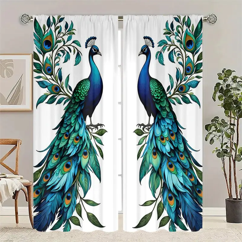2-piece set - Blue and Green Watercolor Peacock - Printed semi-transparent curtains, rod bag curtains, sheer printed curtains, suitable for living room, bedroom and home decoration, easy to clean